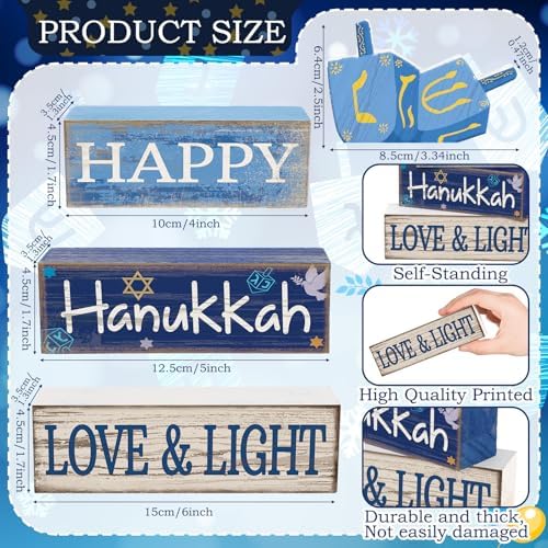 Lineshading 4 Pcs Wooden Hanukkah Decor Farmhouse Blocks with Dreidel