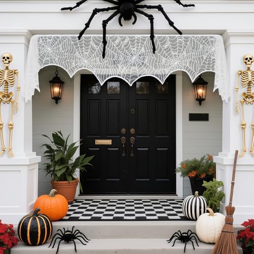 2 Pcs Halloween Mantle Scarf, White Lace Spiderweb Fireplace Mantel Scarf, Halloween Fireplace Decor Cover Garland for Door Window Indoor Curtain Festive Party Supplies, 18 x 83 Inch
