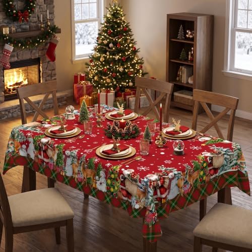Christmas Tablecloth 60x84 Inch, Santa Claus & Snowman Water Resistant Rectangular Table Cover, Farmhouse Winter Holiday Table Decor for Xmas Dinner Party Kitchen Home