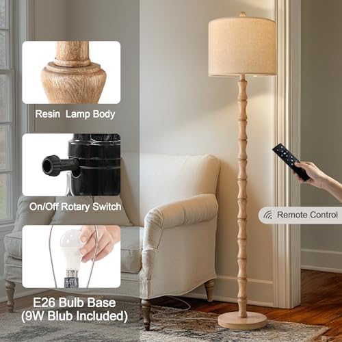 BOBOMOMO 62" Rustic Farmhouse Floor Lamp with Remote & Dimmable 9W Bulb, 3 Color Temperatures Resin Standing Lamp