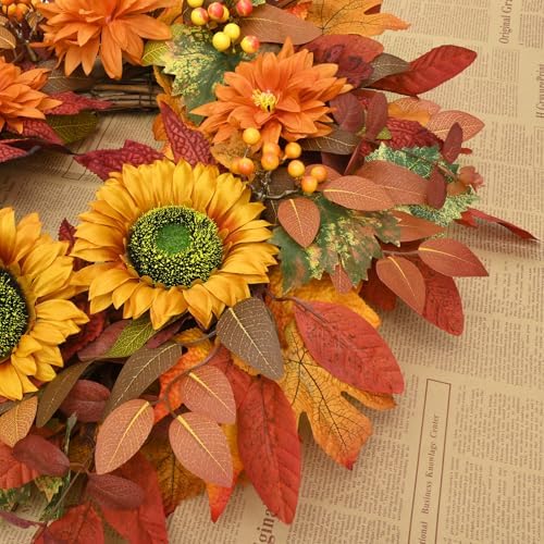 2 Pcs Fall Wreaths for Front Door,22 inch Autumn Sunflower Wreath