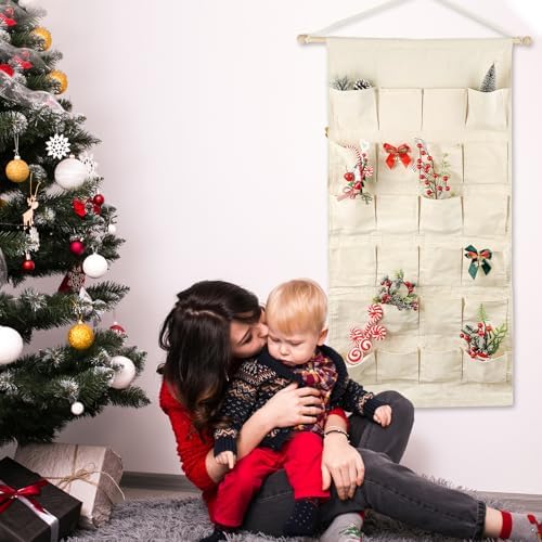 Fabric Christmas Advent Calendar with Pockets,Christmas Advent Calendar,Reusable Natural 24 Days Countdown Advent Calendar Hanging Storage Bag for Xmas Holiday Home Wall Decoration