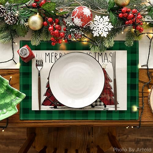 Artoid Mode Waterclor Green Buffalo Plaid Christmas Trees Placemats Set of 4, 12x18 Inch Winter Table Mats for Outdoor Home Party Kitchen Dining Decor
