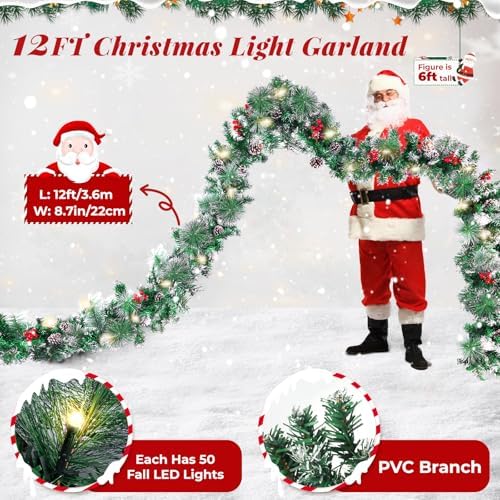 BlessedSeason 12FT Christmas Garland with Lights, Artificial Lighted Garland Indoor for Stairs, Fireplace, 65 Lights Green Garland, Cones & Red Berries & Pine Needle