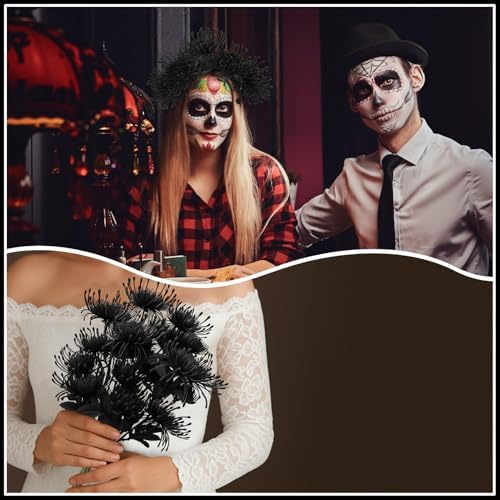 6PCS Black Artificial Fake Mums Halloween Faux Pincushion Flower