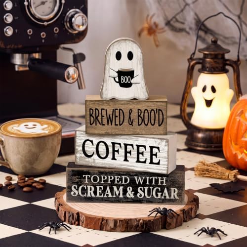 Lineshading 4 Pcs Halloween Ghost Blocks, Wooden Coffee Farmhouse Decor