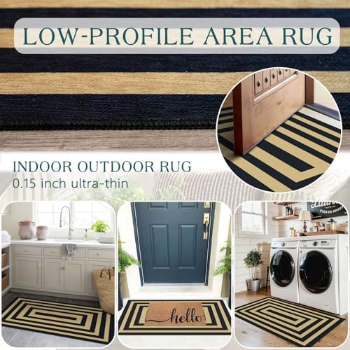 Front Door Mat Indoor Entrance - 2x4.3 Modern Black Tan Striped Rug