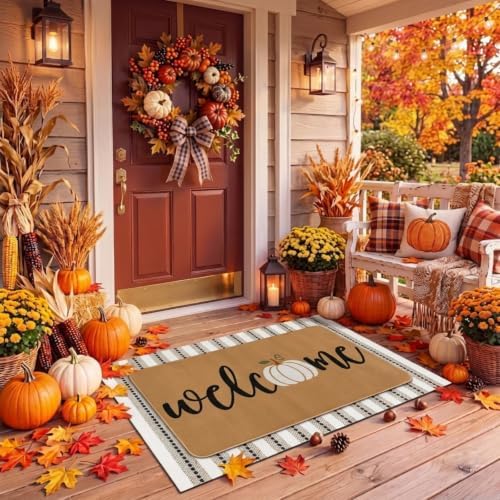 Tinideya 2 Pcs Fall Door Mat Set, Pumpkin Welcome Mat Beige Striped Rug