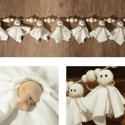 Bunny Chorus Ghost Halloween Garland: 1pc White Ghost Halloween Party Banner with Wood Beads, Cute Ghosts Halloween Garland Halloween Banner Decorations for Home Wall Mantel Doorways Front Decor