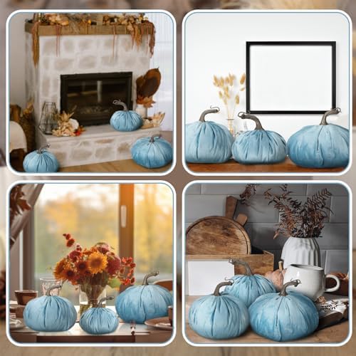 Beeveer 3 Pcs Fall Pumpkins Decor Blue Velvet Farmhouse Decorative