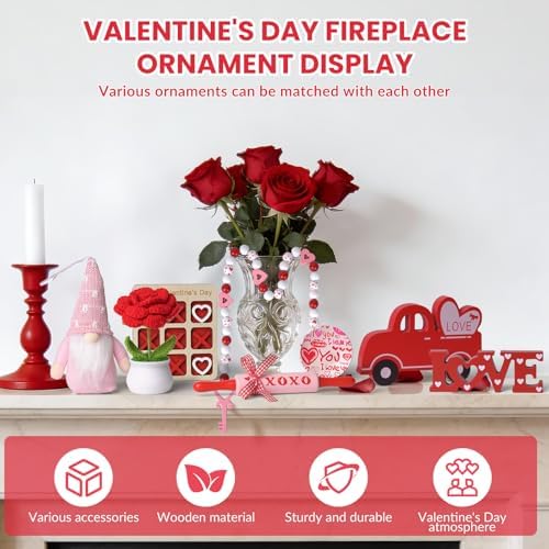 8 PCS Valentine's Day Tiered Tray Decor, Valentine Home Decor for Table,Wooden with LOVE and Car,Handmade Crochet Rose, XOXO Rolling Pin, Gnome, Farmhouse Fireplace Mantle Decor , Home Kitchen Decorations Valentines Day Gift Idea