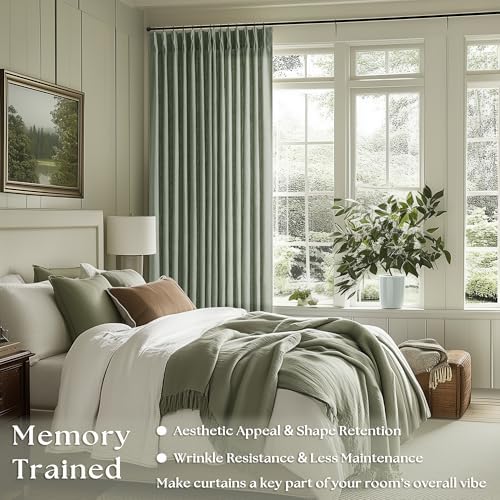 Sage Green Pinch Pleated Linen Light Filtering Curtains 80 Inches Long