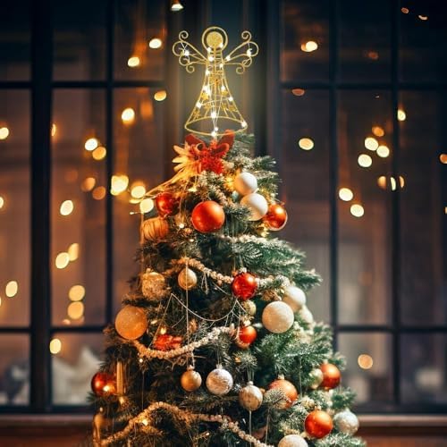 hogardeck Christmas Tree Topper, 12 Inches Glittered Gold Angel Tree Topper for Christmas Treetop, 30 LED Timer Sparkling Tree Toppers for Christmas Tree Decorations