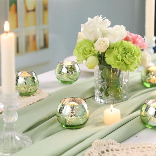 Volens 24PCS Green Votive Candle Holder Bulk, Round Mercury Glass Votives