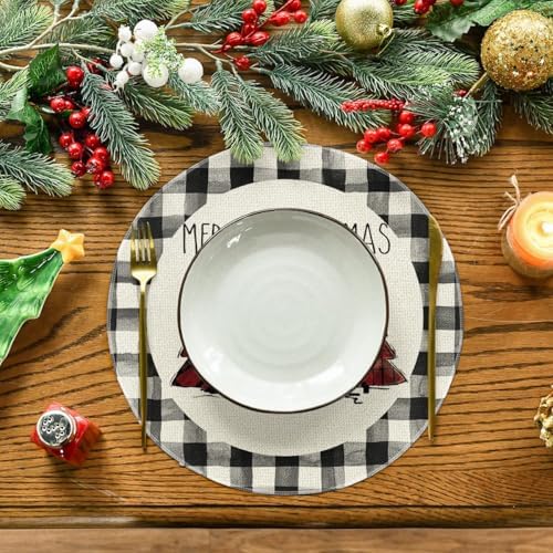 Artoid Mode Waterclor Buffalo Plaid Christmas Trees Merry Xmas Round Placemats Set of 8, 14 Inch Seasonal Winter Round Table Mats for Dining Decoration