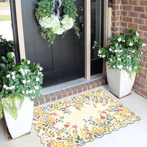 Front Door Mat Outside Entrance 2x3 Beige Colorful Floral Entry Rug