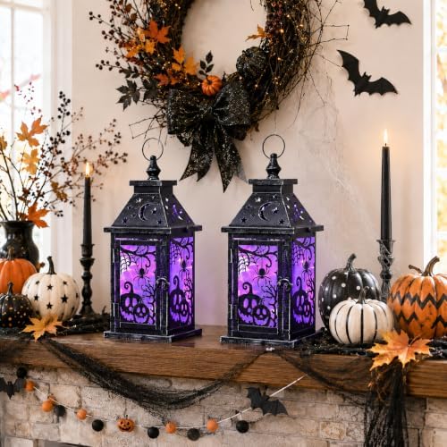 Halloween Decorations Indoor, Set of 2 Decorative 14.7" Spider&Pumpkin Candle Lantern with LED Lights(8 Modes), Hanging Spooky Halloween Lanterns, Outdoor Home Room Door Party Decor