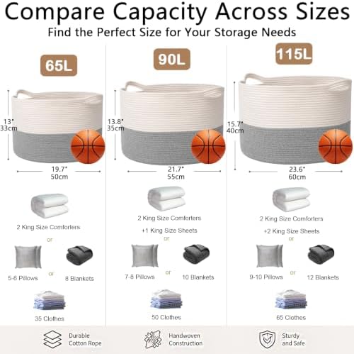 115L Extra Large Blanket Basket, Woven Laundry Basket-White&Grey