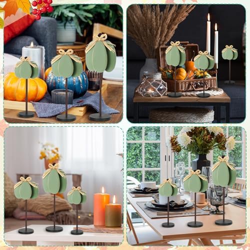 Thyle 3 Pcs Fall Pumpkin Decor, Wooden, Pale Green