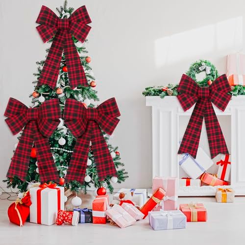 2 PCS Xmas Decorations, Red Black Buffalo Plaid Large Christmas Bows, 12 × 18 IN Christmas Tree Bow PVC Large Red Christmas Bows Indoor Outdoor Xmas Hanging Christmas Wreath Bows for Fence Fireplace