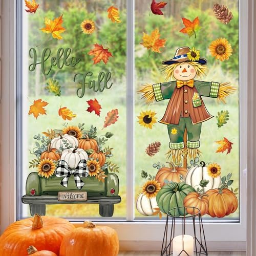 Whaline 6 Sheets Hello Fall Window Clings Green-Orange Scarecrow Maple Leaves Pumpkin Truck Reusable Window Decals for Autumn Harvest Thanksgiving Home Office School Decor