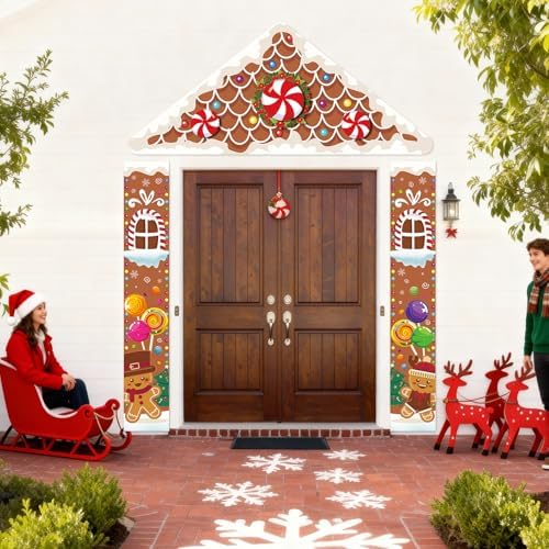 Christmas Gingerbread House Decorations Xmas Candy Door Covers Gingerbread House Party Porch Banner Backdrop Merry Christmas Hanging Decor for Front Door Holiday Home Party Supplies