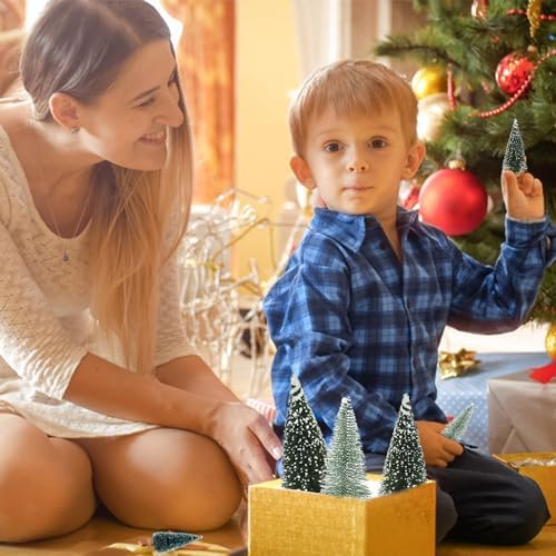 Yahpetes Miniature Christmas Tree 10 Pcs Pine Trees Sisal Trees Snow Frost Ornaments with Wooden Bases for Miniature Scenes, Christmas Crafting and Designing, 5 Size