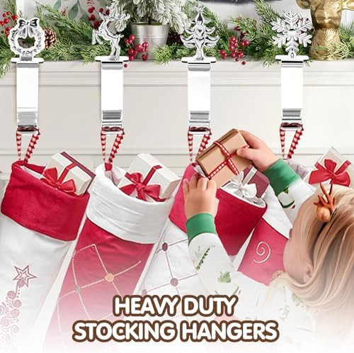 Christmas Stocking Holders for Mantle Set 4, Upgrade Stable Non-Slip Fireplace Stocking Holder, Metal Stocking Hangers for Mantle, Mantel Stocking Holders Clip for Xmas Party Decoration (Silver)