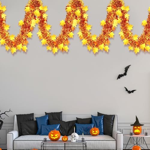 33Ft Thanksgiving Fall Tinsel Garland Shiny Hanging Gold Maple Leaf Metallic Twist Garland Autumn Decor for Fall Party Door Tree Garlands Decorations - (Gold)