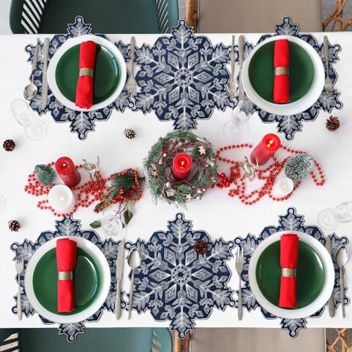 HunnmingRe Christmas Snowflake Placemats Set of 6 Embroidered Snowflake Table Mats 14 Inch Velvet Blue Christmas Table Decorations Xmas Washable Placemats for Xmas Holiday Tabletop Home Dining Kitchen