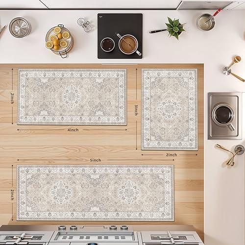 Washable Kitchen Rug Set of 3: Boho Non-slip Soft Stove Sink Mat Light Weight Stain Resistant Carpet for Dog Bowl Area