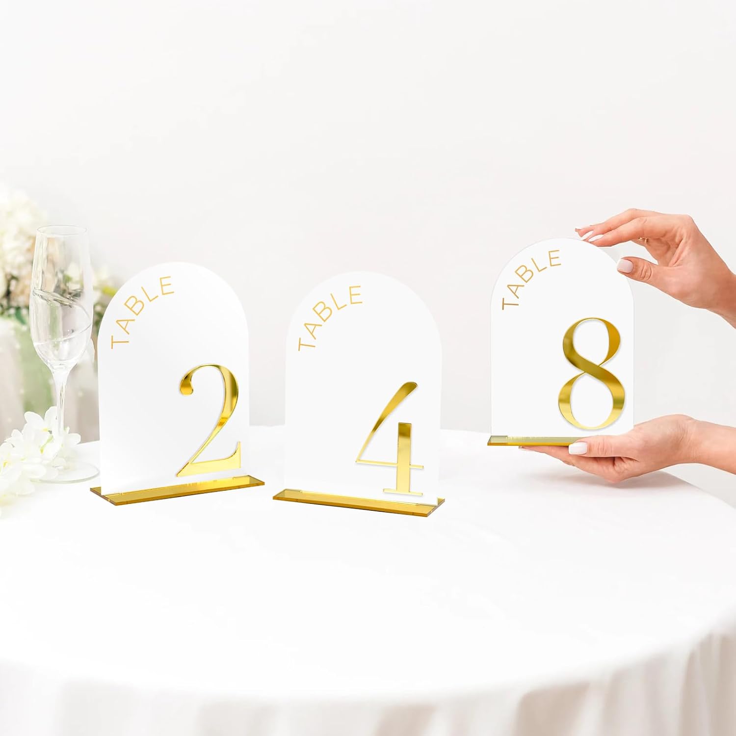 White Arch Wedding Table Numbers 1-15, Gold Numbers and Stands | 15 Pack 5x7 Inch White Arch Acrylic Sign with Raised