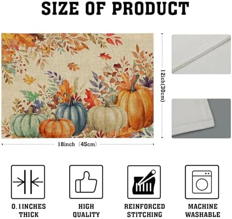 Fall Thanksgiving Placemats Set of 4 18x12 Inch Autumn Pumpkins Maple Leaves Linen Place Mats Heat-Resistant Washable Wipeable Table Mat for Party Kitchen Dining Room Dinner Table Decor