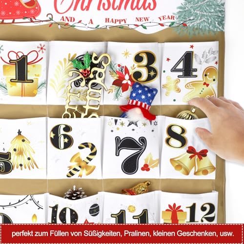 HOWAF Christmas Fabric Advent Calendar, 58 x 128 cm Fillable Advent Calendar 2026, Christmas Countdown Calendar with 24 Large Pockets to Fill Yourself, Hanging Calendar Countdown to Xmas