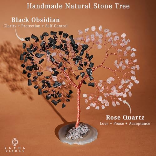 Handmade Healing Crystal Tree of Life Black Obsidian & Rose Quartz Chakra Tree for Money, Good Luck, Feng Shui Home