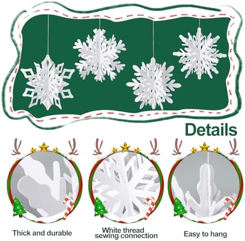 36 Pcs Christmas Hanging Snowflakes Decorations 3D White Paper Snowflakes Hanging Garland Winter Snowflake Ornaments for Christmas Tree Winter Wonderland Holiday New Year Home Party Decor