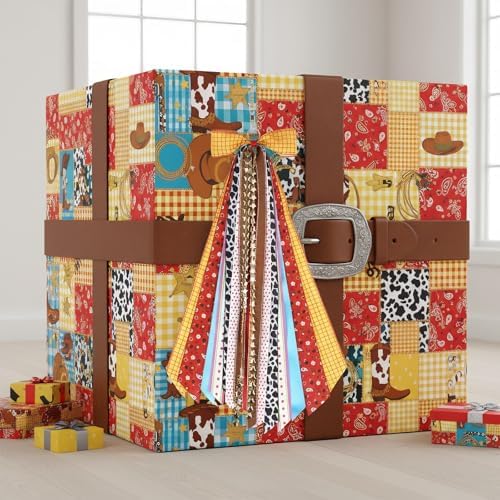 Cow Print Ribbon Bow Set, 27.5" Western Themed Wreath Decoration with 9 Assorted Ribbons, Yellow Plaid Cowboy Door Hanger Sash for Birthday Party Kids Room & Gift Wrapping