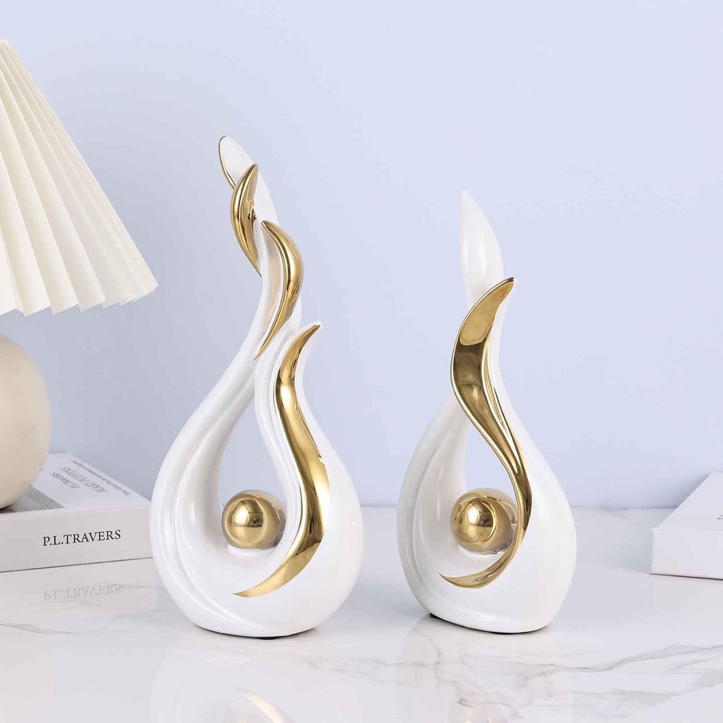 White and Gold Abstract Ceramic Sculptures / White Gold / Set of 2