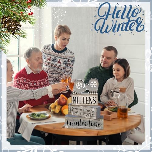 Lineshading 4 Pcs Winter Table Decorations Wooden Mittens Decor Winter Tiered Tray Decor Rustic Snowflake Mittens Block
