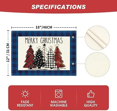 Artoid Mode Blue Waterclor Buffalo Plaid Christmas Trees Placemats Set of 6, 12x18 Inch Winter Table Mats for Outdoor Home Party Kitchen Dining Decor