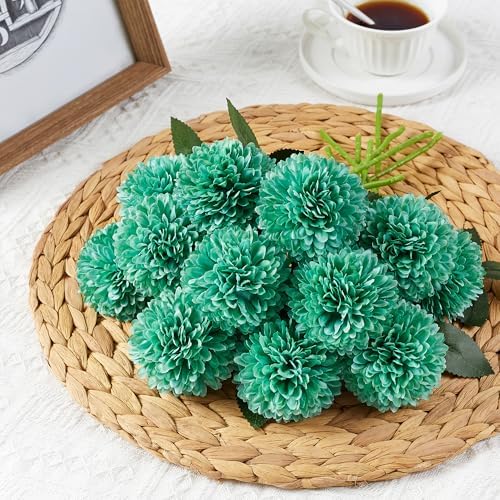 SITUMEIZI 12 Pcs Teal Flowers Artificial Chrysanthemums, Fake Mums