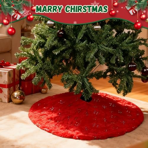 Christmas Tree Skirt Red, 36 Inch Large Soft Plush Xmas Tree Skirts, Double Layer Luxury Tree Skirt w/Silver Snowflake Sequin, Christmas Trees Decoration for Holiday Party Indoor Party Home Decor