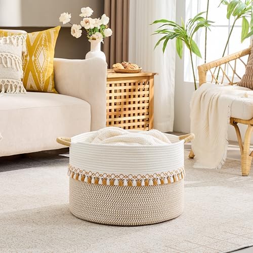 KAKAMAY Large Blanket Basket with Handles, Storage Basket for Living Room