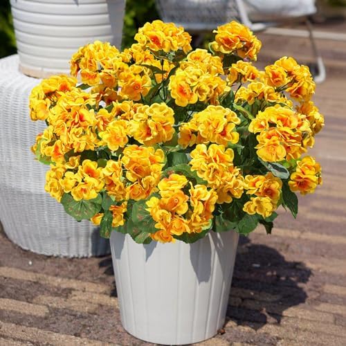 Fake Geraniums Artificial Flowers for Outdoors Winter Decoration, 6 Bundles Silk Geraniums UV Resistant Look Real Yellow Faux Flowers Plants for Front Door Garden Planter Patio Balcony Yard Home