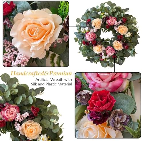 WANNA-CUL 24 Inch Pink Champagne Rose Spring Wreath for Front Door