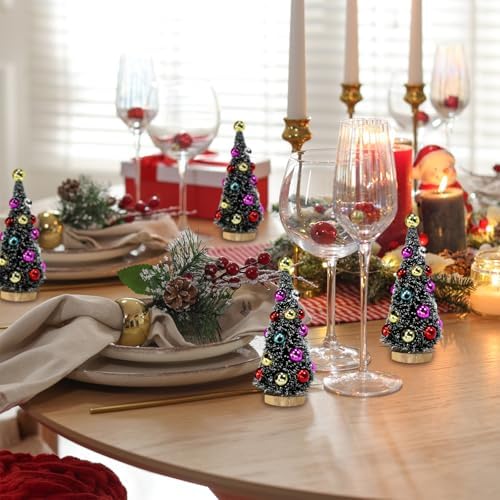 Winlyn 6 Pcs Artificial Mini Christmas Trees 4.3 Inch Frosted Green Bottle Brush Trees with Wood Bases Sisal Trees with White Snow and Ornaments for Winter Christmas Holiday Dollhouse Miniature Décor