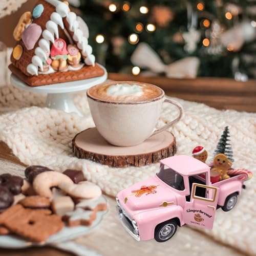 Pink Gingerbread Christmas Decor Farmhouse Metal Truck with Mini Hot Cocoa
