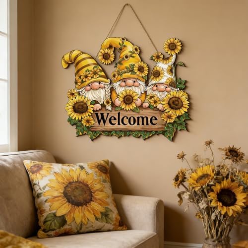 Summer Sunflower Gnome Welcome Door Sign 12'' Rustic Wooden Hanger, Sunflower Wreath Decor for Front Door Porch Wall Home Garden Kitchen