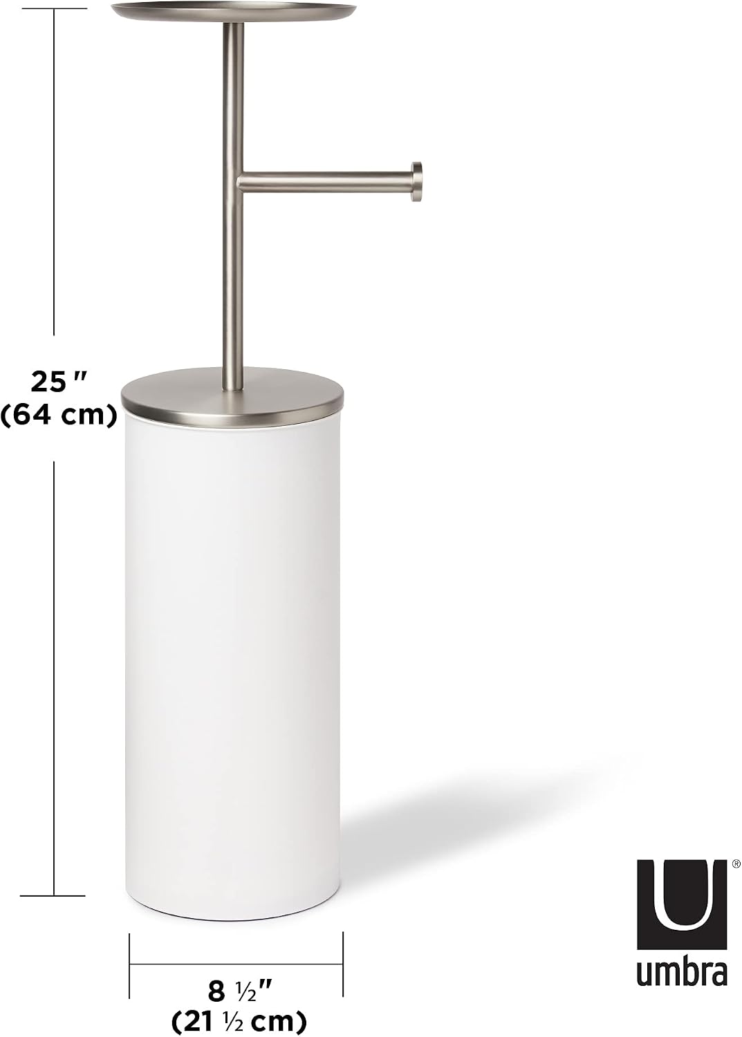 Umbra Portaloo Toilet Paper Stand, Freestanding with Storage, White/Nickel | Steel construction, built-in tray, holds