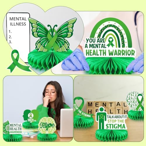 Faccito 9 Pcs Mental Month Honeycomb Centerpieces 3D Mental Health Awareness Month Decorations Green Butterfly Ribbon Brain Table Decorations for Health Therapy Office Home Tabletop Decor